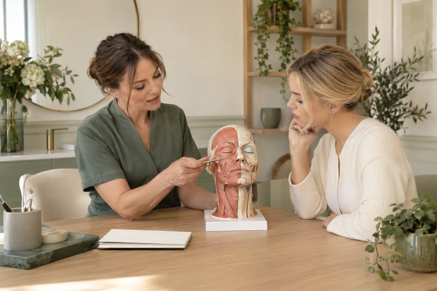 Illustrative facial anatomy lesson using a teaching model